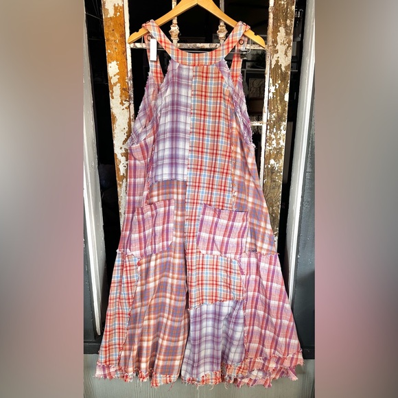 Oli & Hali Mixed Plaid Wide Leg Jumpsuit Large Raw Edge Cotton Boho - Picture 5 of 9